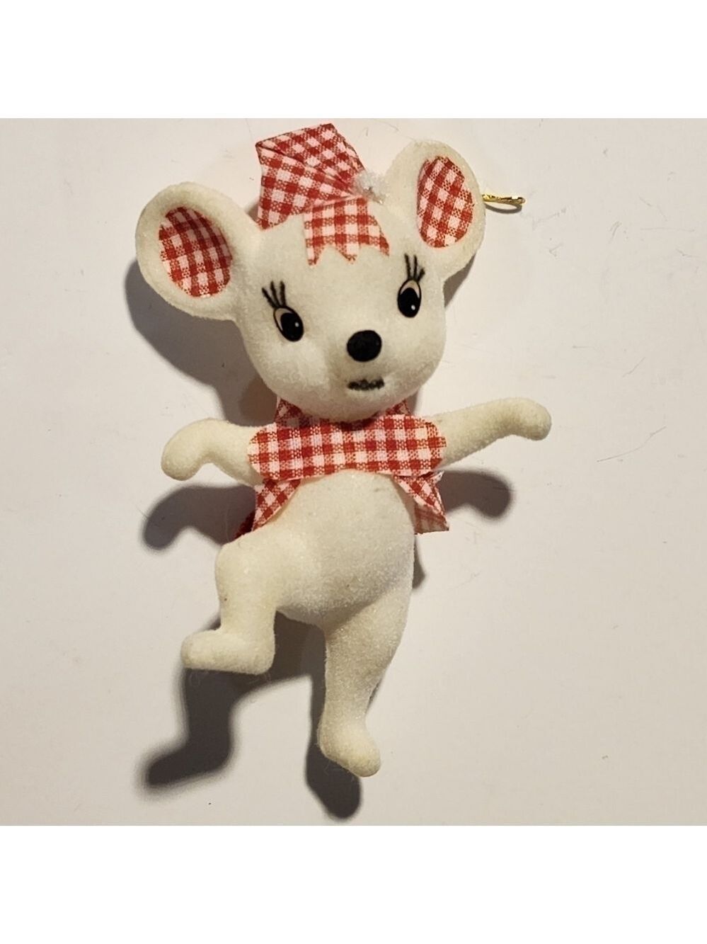 Vintage white flocked girl mouse Ornament red checkerboard outfit